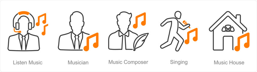 A set of 5 Music icons as listen music, musician, music composer