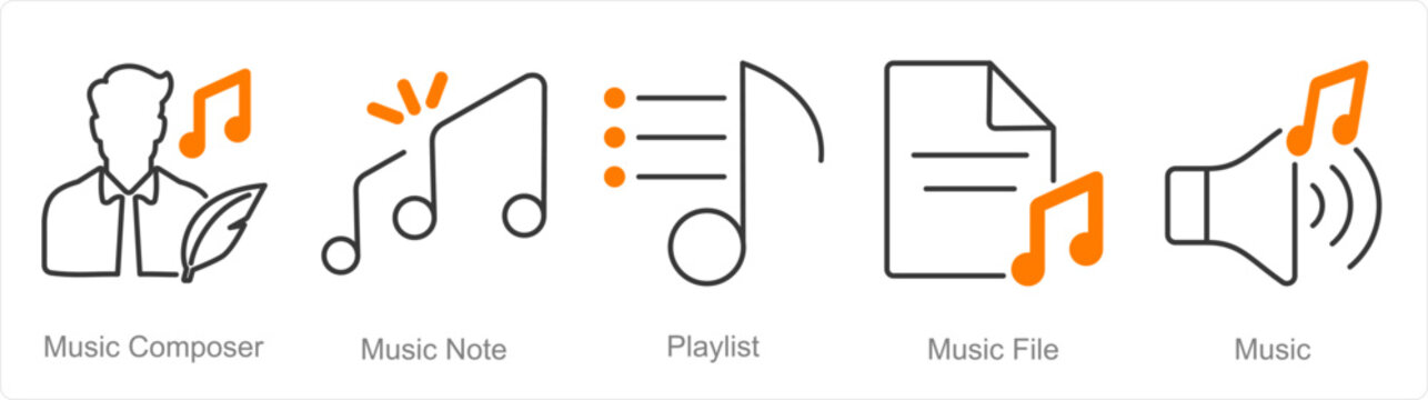 A set of 5 Music icons as music composer, music note, playlist