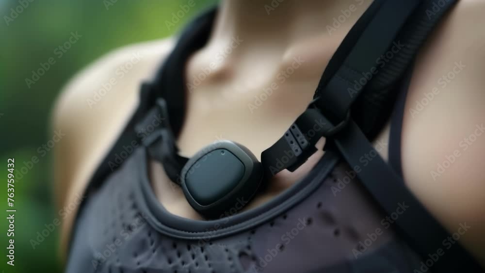 Poster an extreme closeup image of a chest s heart rate monitor with a small sensor attached to a thin adju
