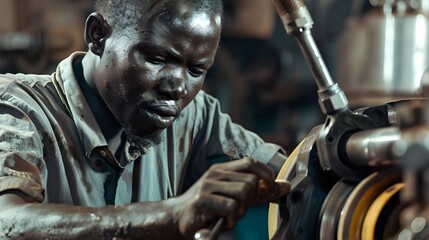 An African worker in production is depicted at the moment of hard work at the machine, his face reflects fatigue, sweat and pain, which conveys the image of hard and painful work.