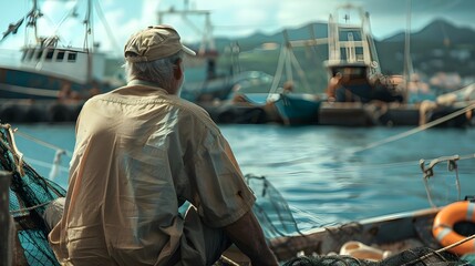 An old fisherman sitting by the shore against the background of the sunset expresses through his gaze and facial expressions the spiritual depth and hard work.