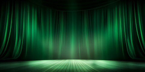 Empty green curtain stage wooden floor with spotlight stage creativity
 - obrazy, fototapety, plakaty