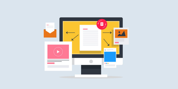 Content re-purpose strategy, change content in different format and reach more internet audience, blog, video, social media post email content distribution and marketing concept.