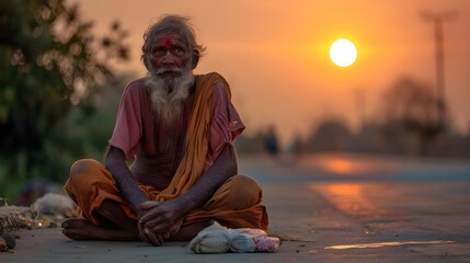 The portrait of an old man asking for alms, under the setting sun by the road, conveys the image of loss and loss in life. - obrazy, fototapety, plakaty