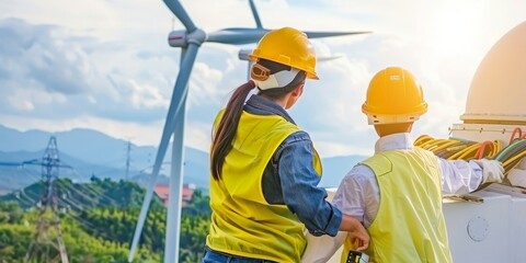 Technicians in Safety Gear Collaborate on the Maintenance of a Wind Turbine, Harnessing Renewable Energy Under the Bright Sky, Generative AI