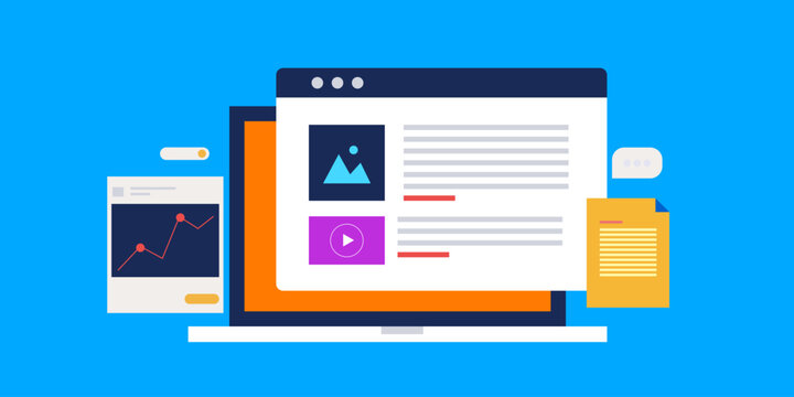 Multiple web content format on internet, visual marketing strategy for audience engagement and social media, blog promotion concept, vector illustration.