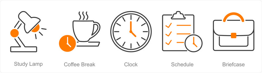 A set of 5 Office icons as study lamp, coffee break, clock
