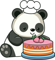 Panda with strawberry cake. Cute cartoon panda bear with tasty strawberry cake illustration.