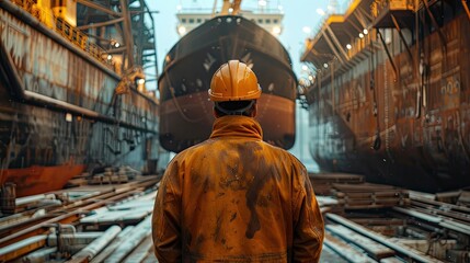 engineer from behind with ship in construction backgrounds