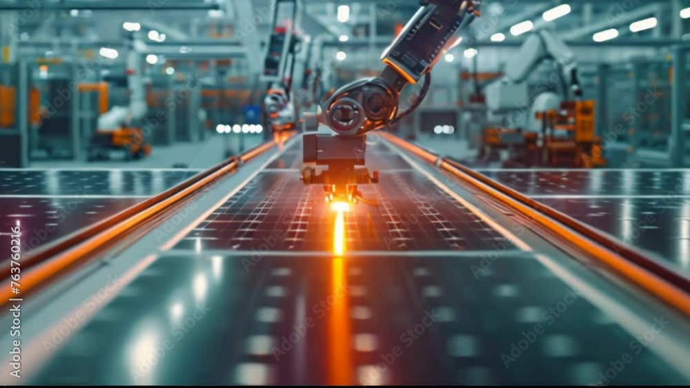 Aufkleber Robotic arm produces solar cells in a modern factory using robots instead of humans.