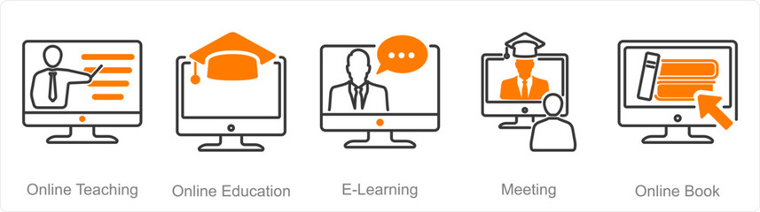 A set of 5 Online Education icons as online teaching, online education, e-learning