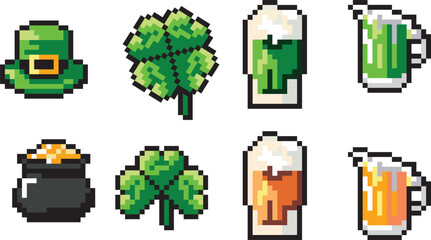 St Patrick day pixel icons. Beer, shamrock, pot of gold and brim, St. Patrick's day themed pixel icons set.