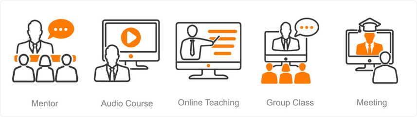 A set of 5 Online Education icons as mentor, audio course, online teaching