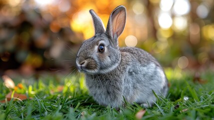 Fototapeta na wymiar rabbit sits on a green meadow on a farm.