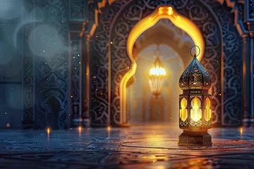 Foto op Aluminium photo ramadan kareem eid mubarak royal elegant lamp with mosque entry holy gate and copy space - generative ai © Nia™