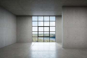 Empty concrete wall with window. 3d rendering of abstract interior space with lake view background.