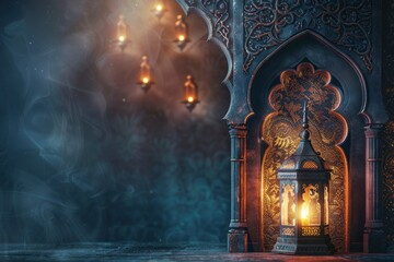 photo ramadan kareem eid mubarak royal elegant lamp with mosque entry holy gate and copy space - generative ai - obrazy, fototapety, plakaty