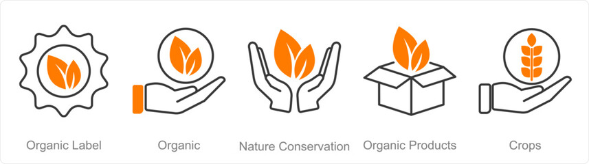 A set of 5 Organic Farming icons as organic label, organic, nature conservation