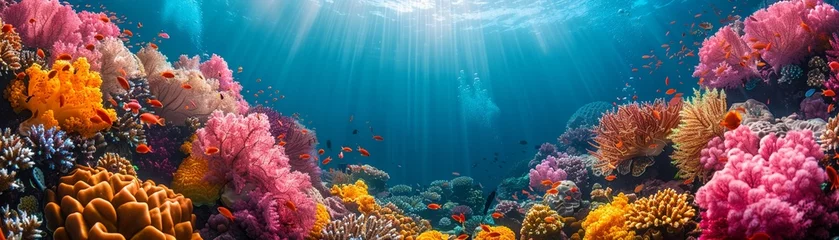 Foto op Canvas Colorful coral reef, underwater exploration background, lively and bright, copy space © Atchariya63