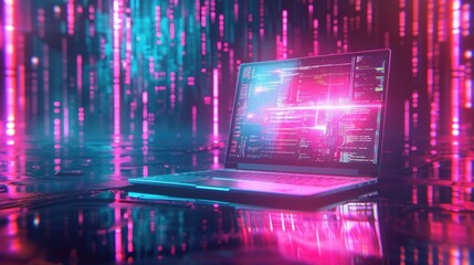 Futuristic illustration about computer technology with a laptop in neon colors - obrazy, fototapety, plakaty