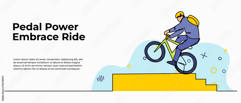 Poster vector illustration of performance of a man riding a bicycle. modern flat in continuous line style.