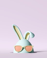 Happy Easter day. Stylish Easter bunny in form egg with sunglasses looking out its burrow. 3d illustration, rendering. Background for greeting card, spring postcard, flyer, advertising. Copy space