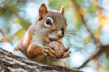 Squirrel clutching a nut on tree branch close-up