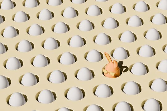 Easter pattern. Orange Easter egg with bunny ears among the eggs in the burrows. 3d illustration, rendering