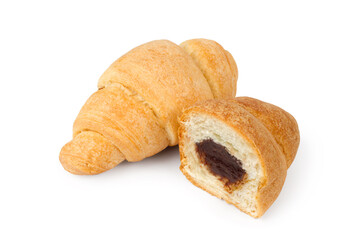 Whole and half a croissant. Croissants isolated on white background. Stuffed croissant.