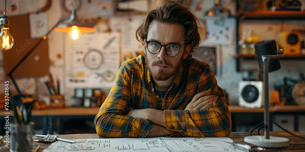 Poster focused creative designer sketching futuristic products,innovation and problem-solving at work with 