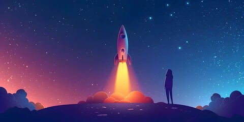 Animated Entrepreneur Launching a Startup Rocket Amidst Starry Night Skies and Dreamscapes