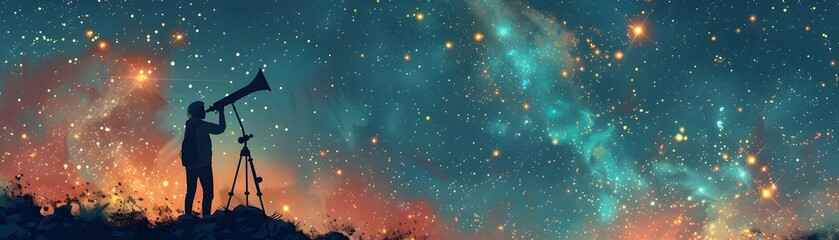 Budding astronomer gazes through telescope at enchanting night sky filled with celestial wonders - obrazy, fototapety, plakaty