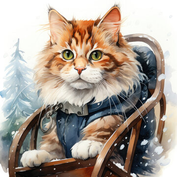 Watercolor Christmas Cat on Sled Illustration, Generative Ai