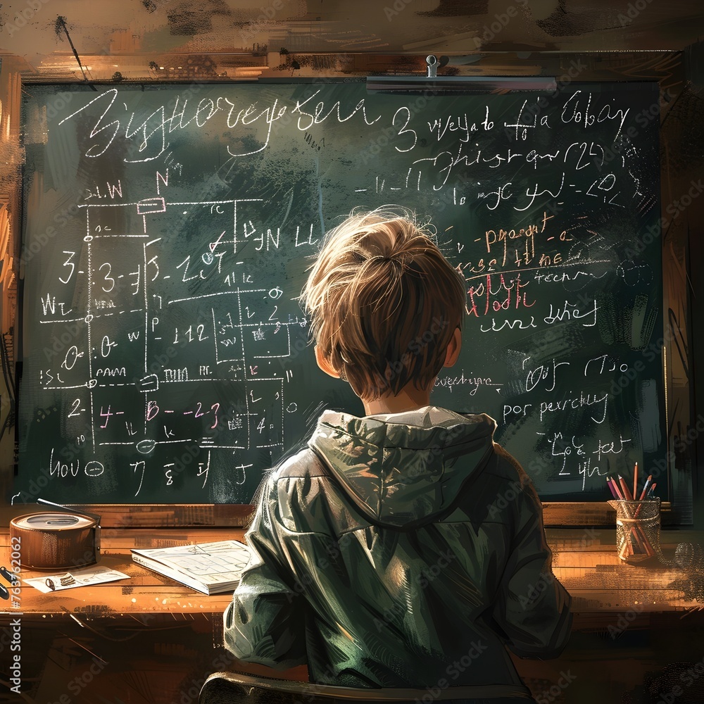 Poster a focused student solving a complex math problem on the chalkboard,demonstrating dedication and dete