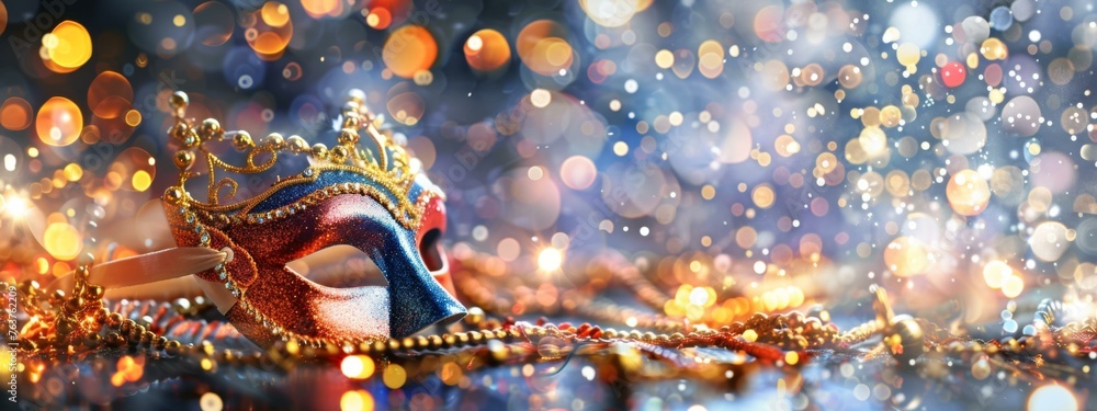 Poster venice mask on a chain with lights in the background. generative ai.