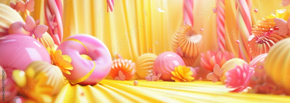 Poster a colorful background with a donut and candy on it. generative ai.