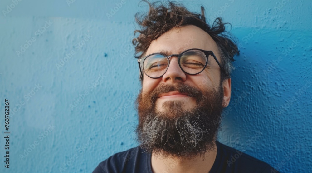 Poster a man with a beard and glasses smiling at the camera. generative ai.