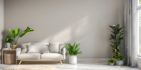 Wall Art Mockup, Interior Design, Modern Living Room With White Couch and Potted Plants, Empty Wall