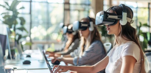 A group of women wearing virtual reality headsets are working on laptops. Generative AI. - Powered by Adobe