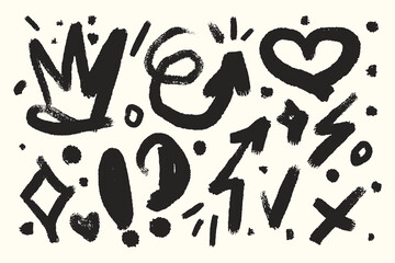 Cute set of brush drawn elements crown, heart, arrows, dots, cross mark and stars. Hand drawn with dry bruch texture. Black and white vector illustration