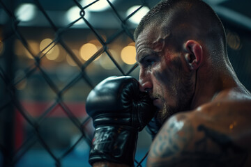A man wearing boxing gloves leans against a metal fence, showing his strength and determination