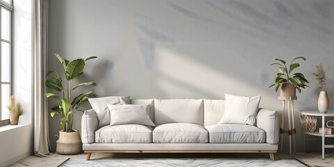 Wall Art Mockup, Interior Design, A Modern Living Room With White Couch and Potted Plants, Empty Wall