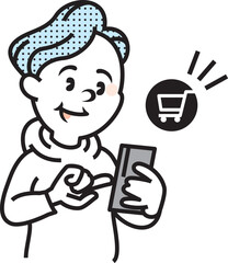 スマホで買い物する男性のイラスト