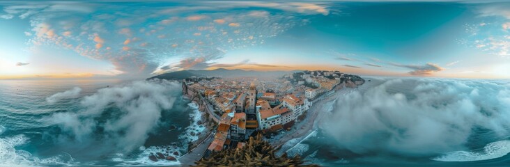 A 360 degree panoramic view of a city and ocean. Generative AI.
