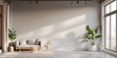 Wall Art Mockup, Interior Design, Living Room With Furniture and Large Window, Empty Wall