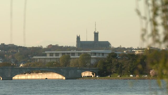 Washington DC Potomac River and Washington National Cathedral skyline view video