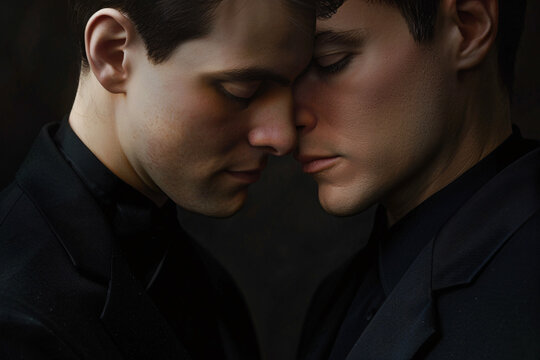 Close up of two young grooms in tuxedos. Gay marriage concept.