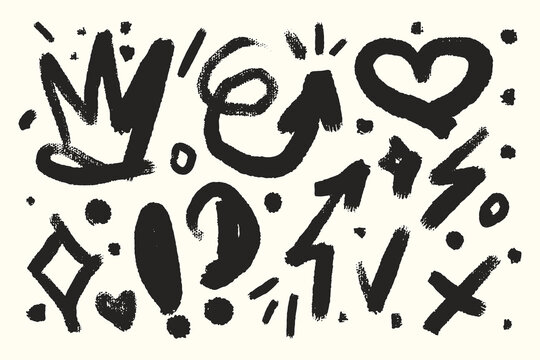 Cute set of brush drawn elements crown, heart, arrows, dots, cross mark and stars. Hand drawn with dry bruch texture. Black and white vector illustration