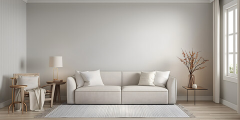 Wall Art Mockup, Interior Design, Stylish Living Room With White Couch and Rug, Empty Wall