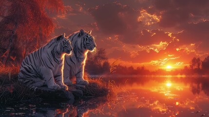 a couple of tigers at sunset - obrazy, fototapety, plakaty